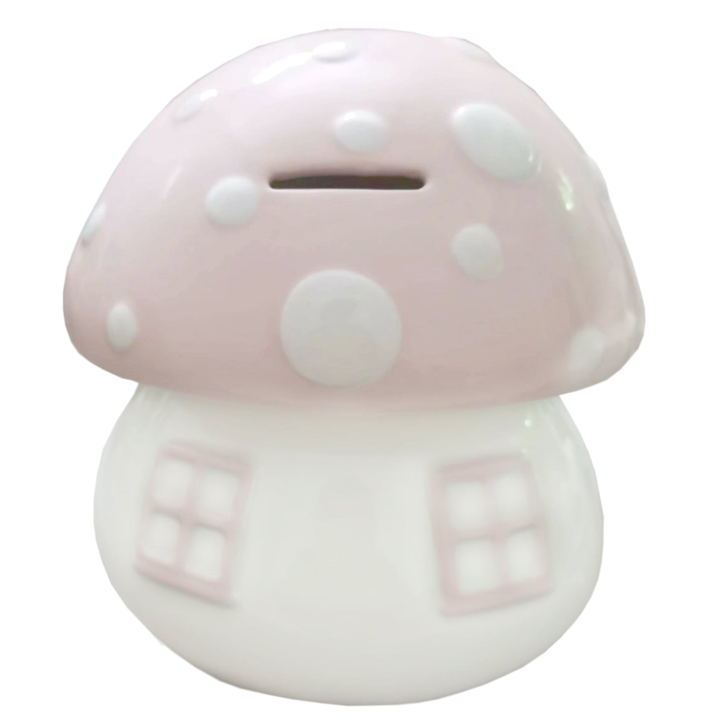 Back view of the handpainted mushroom bank with coin slot on top and pink polka-dot cap