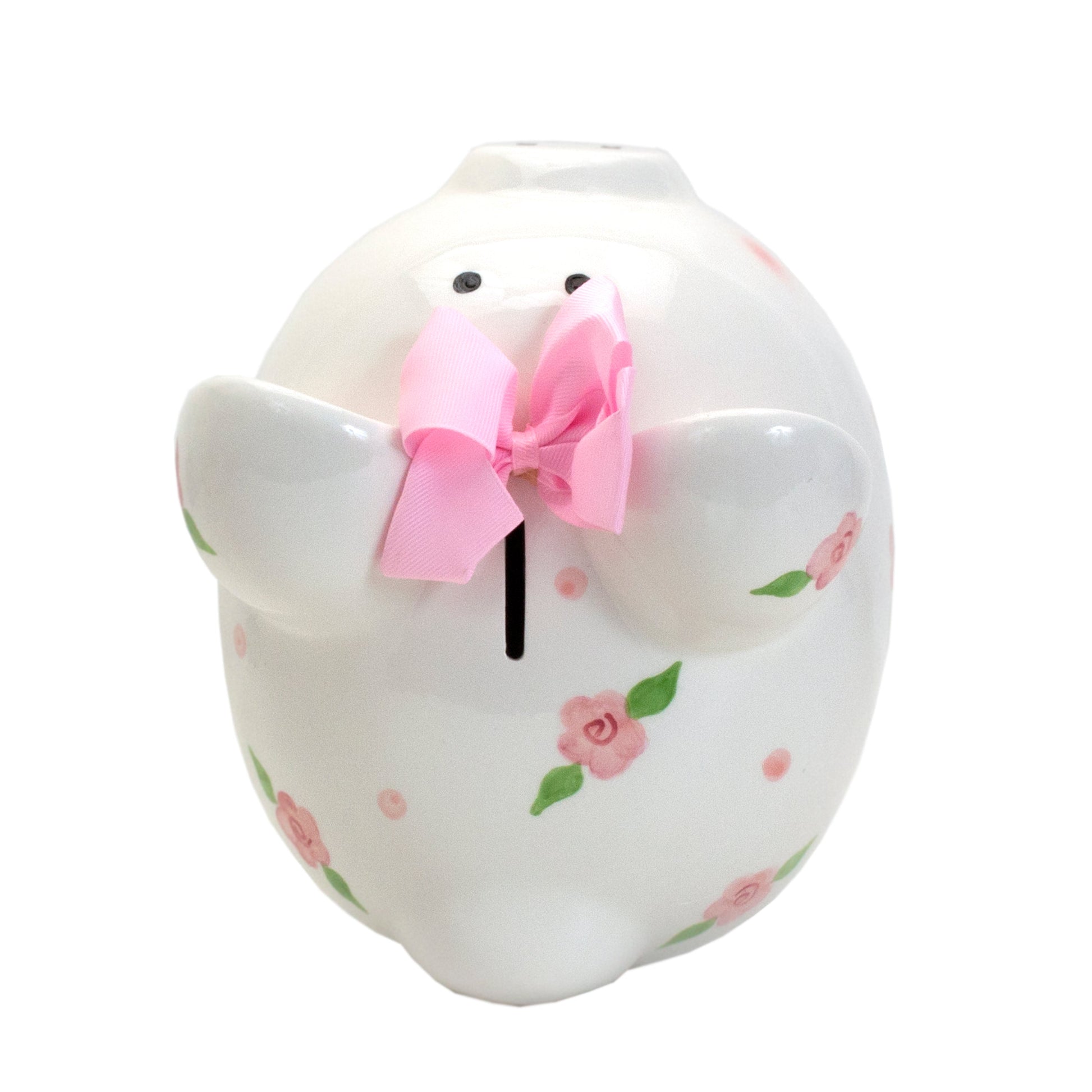 Other side view of piggy bank displaying additional floral details and bow