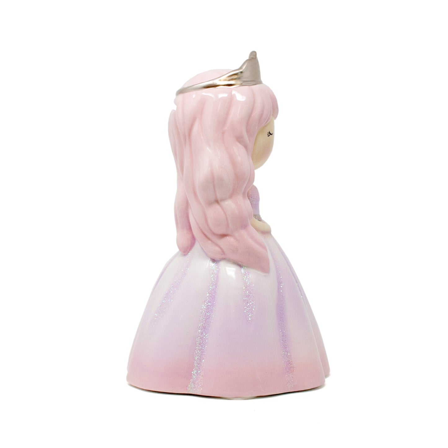 Left side profile of Princess Alexandria pink hair piggy bank showing detailed hair and glitter dress