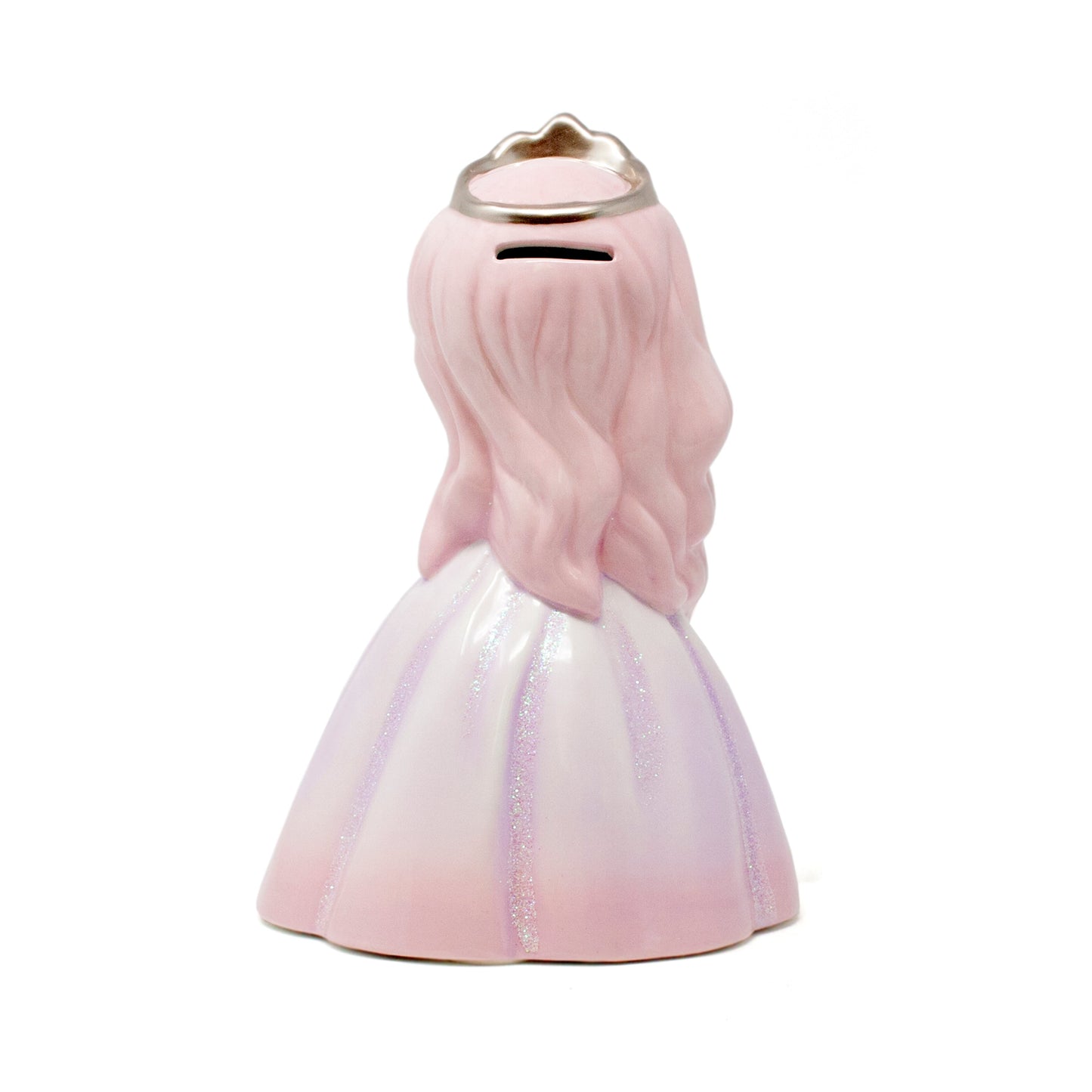 Back view showing coin slot on Princess Alexandria pink hair ceramic piggy bank