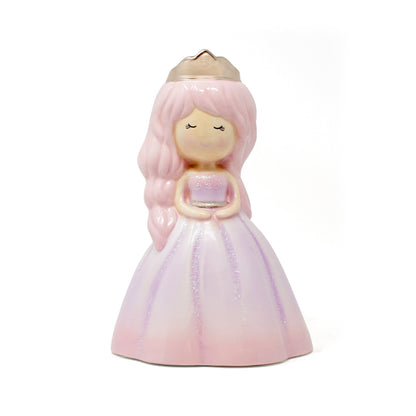 Front view of Princess Alexandria pink hair ceramic piggy bank with glitter dress and gold crown