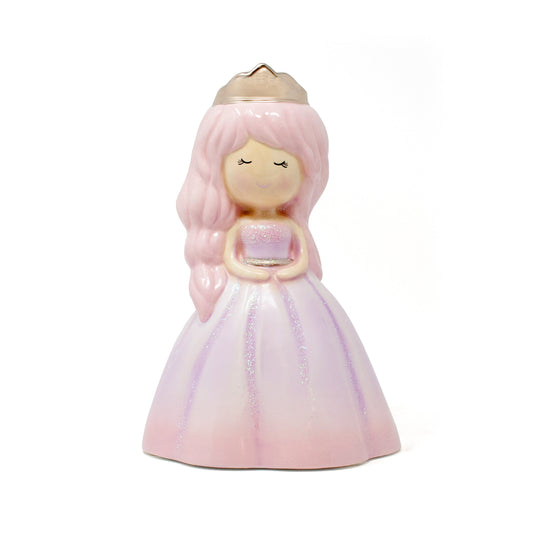 Front view of Princess Alexandria pink hair ceramic piggy bank with glitter dress and gold crown