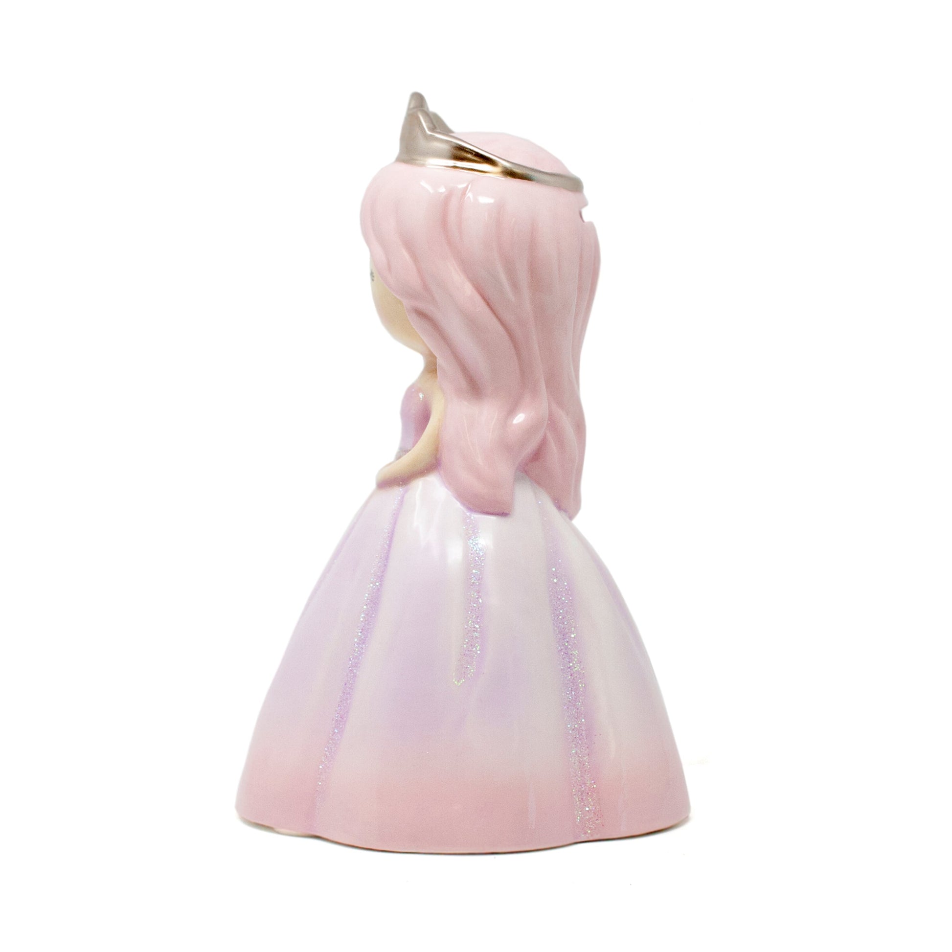 Right side profile of Princess Alexandria pink hair piggy bank with glitter detailing on gown