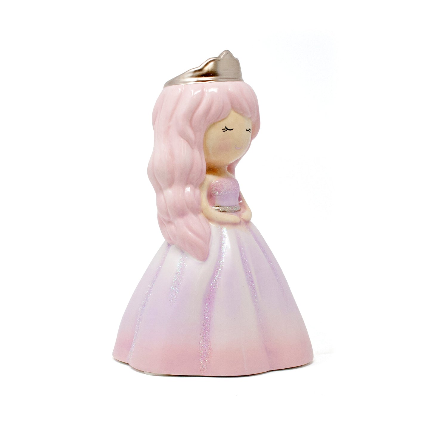 Angled view of Princess Alexandria pink hair ceramic piggy bank highlighting handpainted features and crown