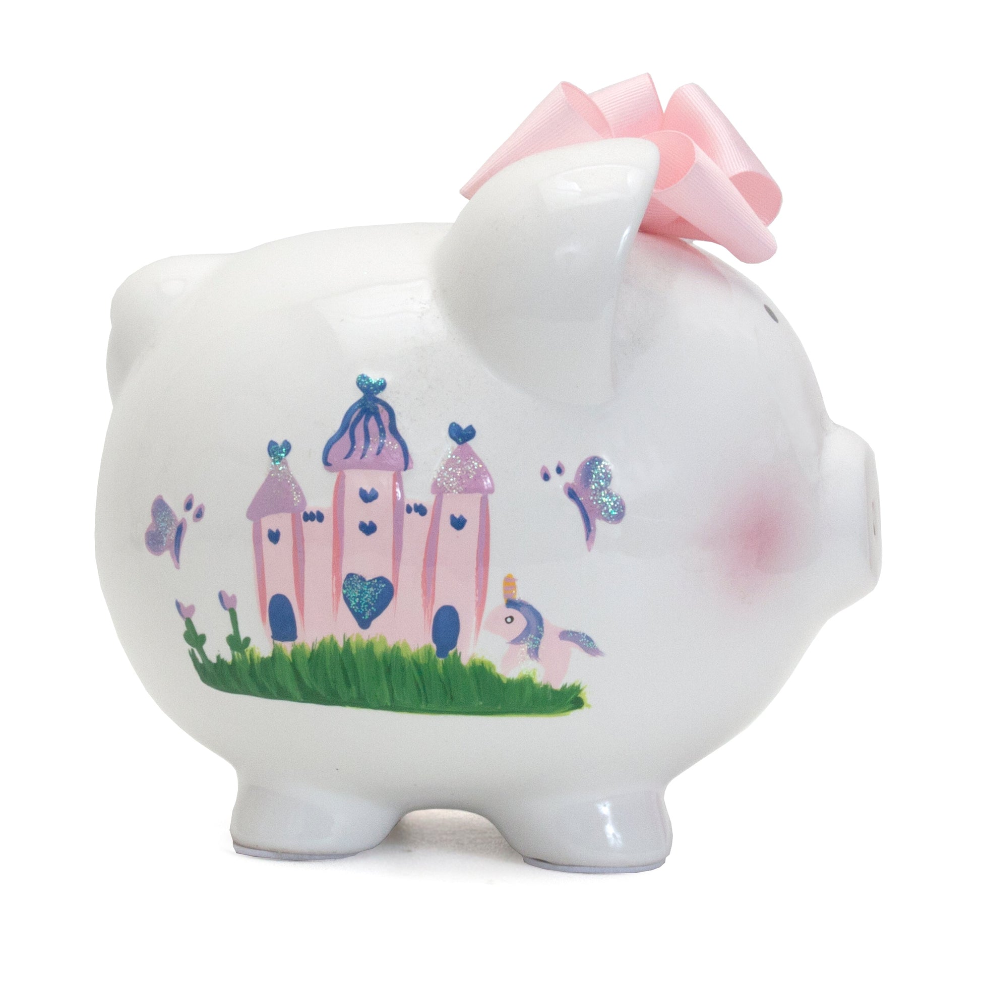 Back angle of piggy bank showing butterfly decorations and pink bow on top