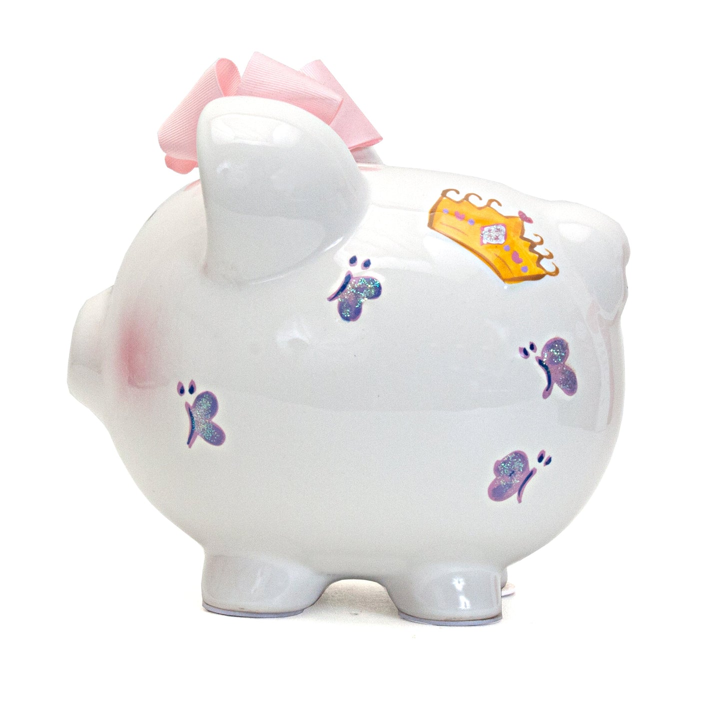 Side view showing glitter butterflies and princess crown on ceramic piggy bank