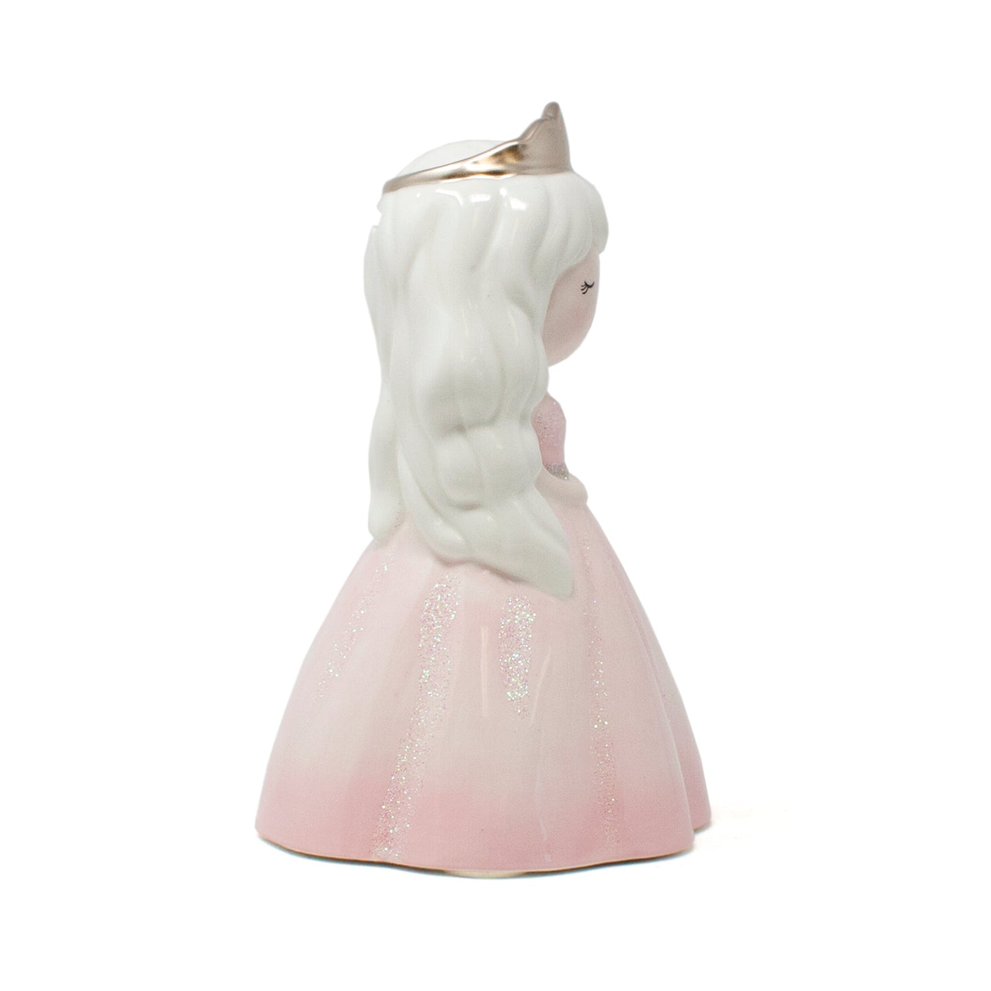 Right side view of Princess Charlotte piggy bank in pink glitter dress