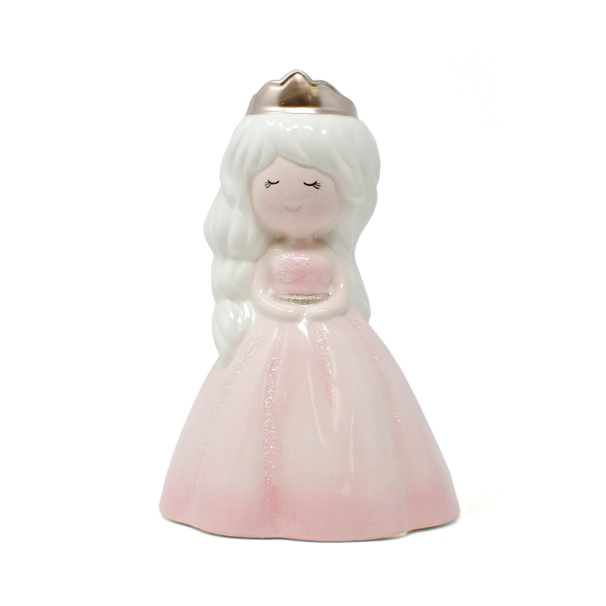 Left side view of Princess Charlotte piggy bank in pink glitter dress