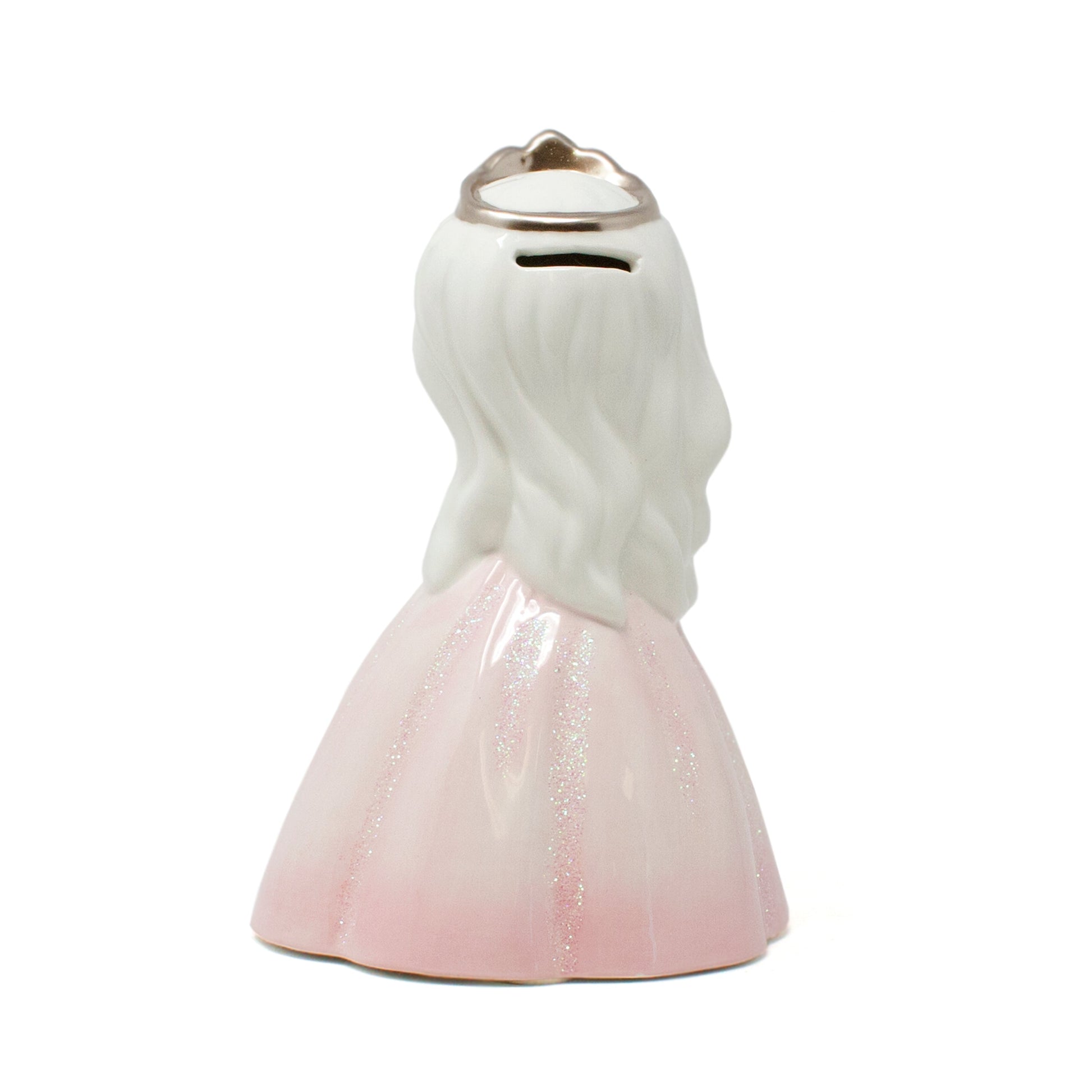 Back view of Princess Charlotte piggy bank showing coin slot on crown