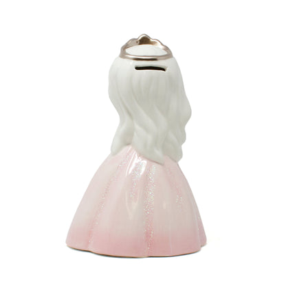 Back view of Princess Charlotte piggy bank showing coin slot on crown