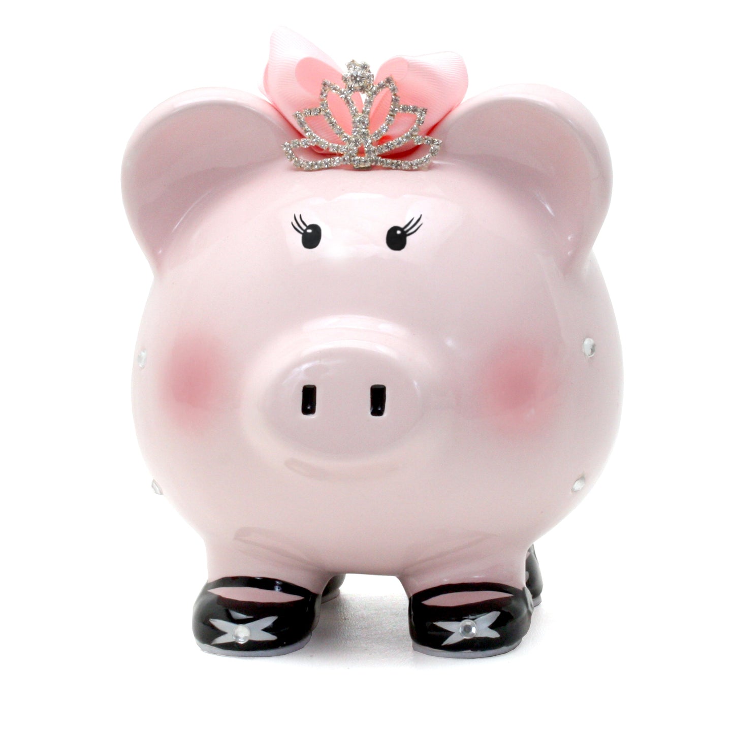 Front view of princess piggy bank with painted eyes, rosy cheeks, and tiara
