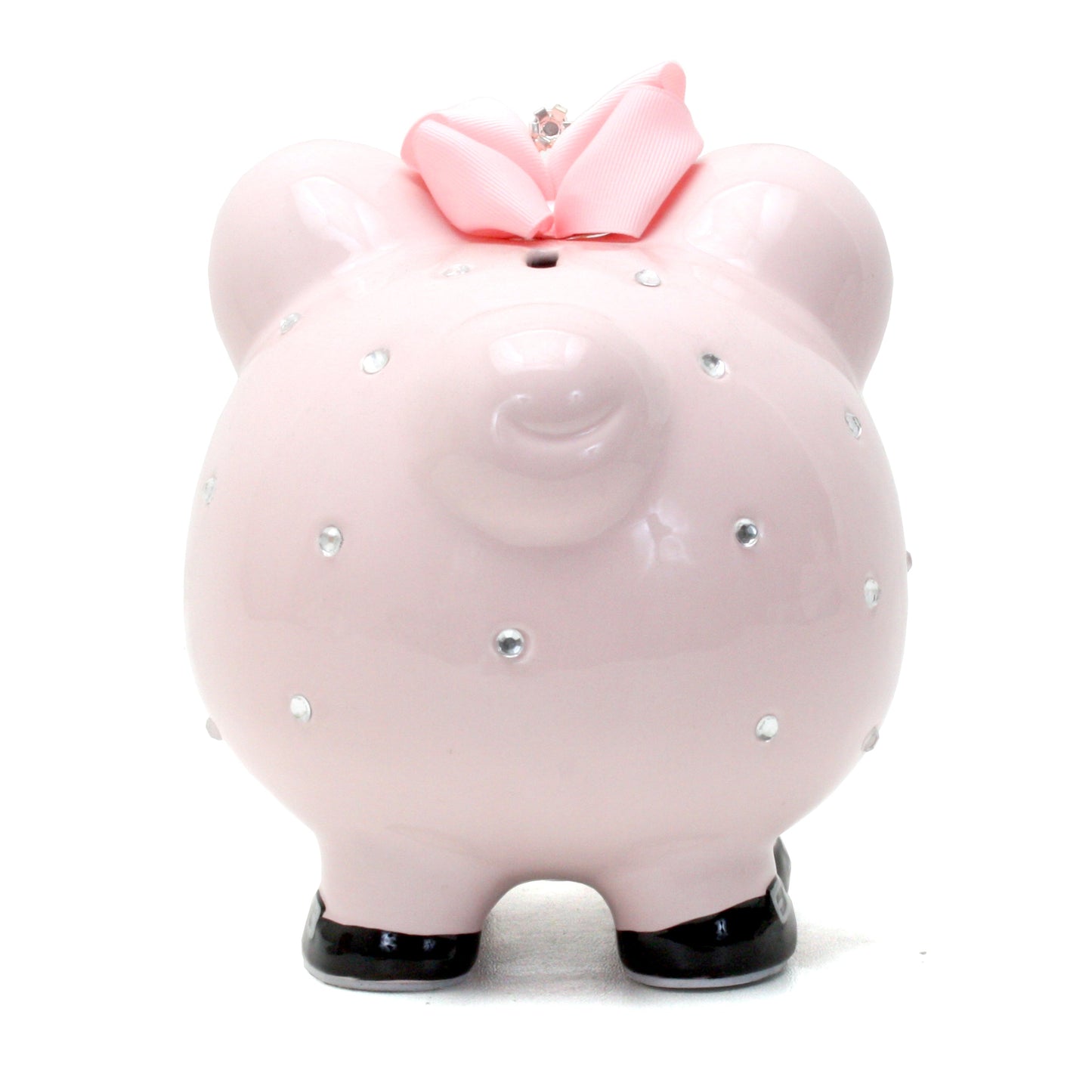 Back view of pink piggy bank with rhinestones and pink bow with tiara