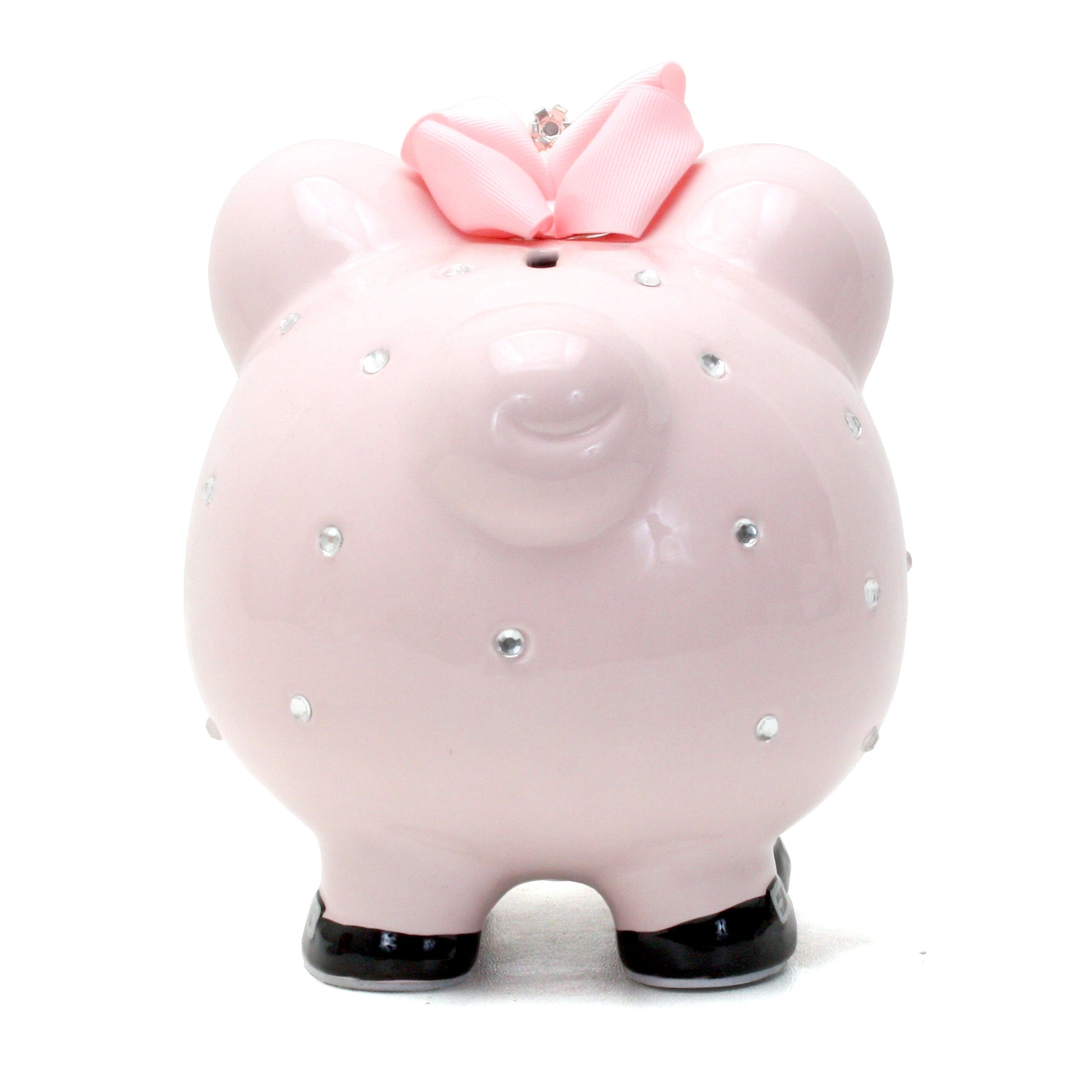 Back view of pink piggy bank with rhinestones and pink bow with tiara
