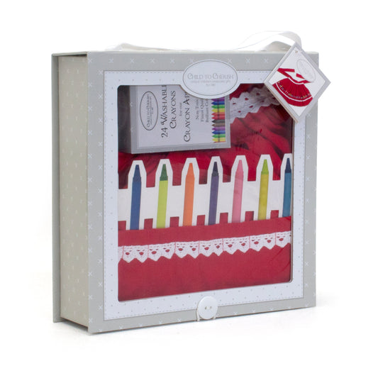 Red crayon apron set in a decorative Kraft box with 24 washable crayons visible