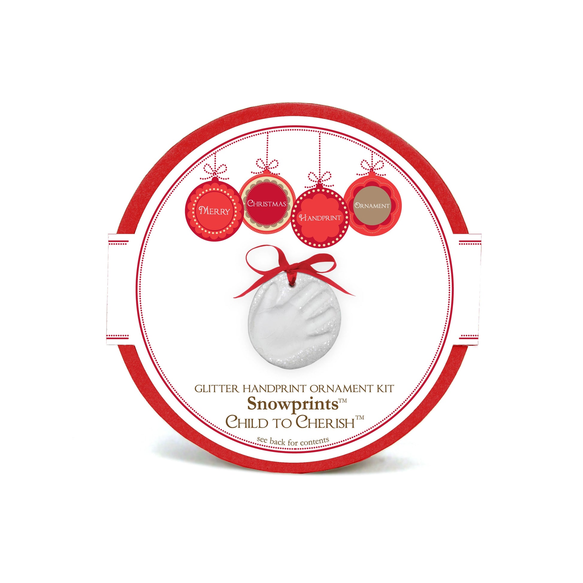 Snowprint glitter handprint ornament kit package featuring red and white circular design with handprint ornament image and red ribbon