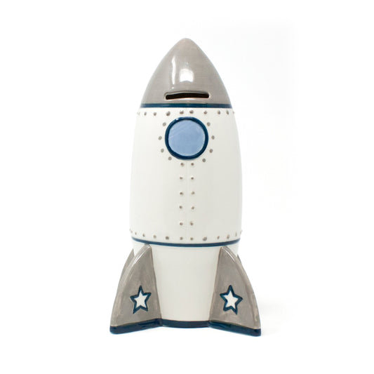 Front view of Roger Rocket ceramic piggy bank with gray top and fins and blue window detail