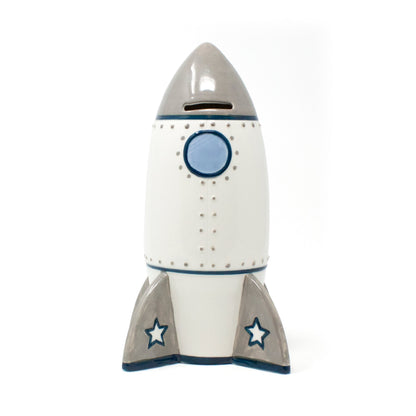 Slightly angled front view of Roger Rocket ceramic money bank with coin slot on top
