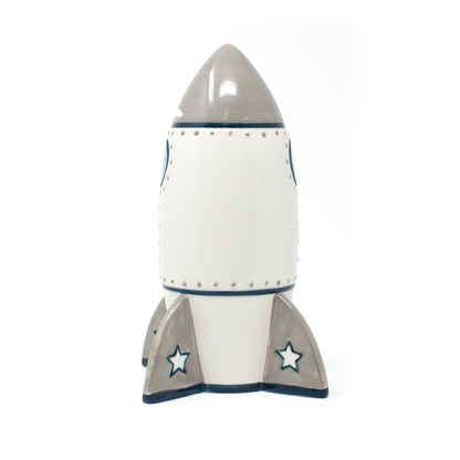 Back view of Roger Rocket ceramic piggy bank with rivet detailing and gray fins