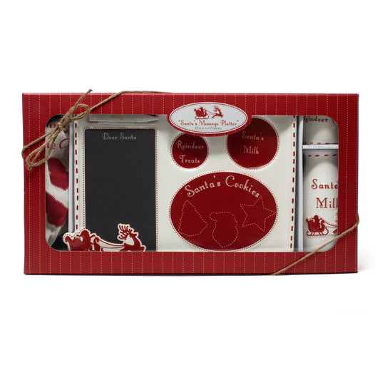 Santa's Cookie Platter boxed set with chalkboard, ceramic container and cookie cutters in red and white