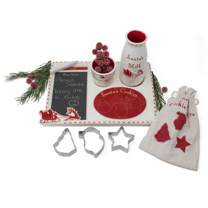 Santa's Cookie Platter set unboxed with chalkboard message, ceramic reindeer treat cup and milk bottle, cookie cutters and fabric pouch