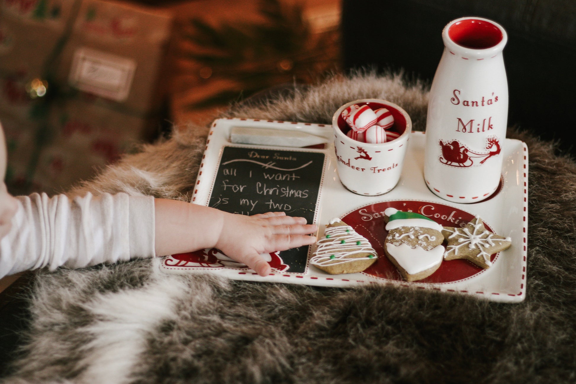Santa's Cookie Platter set with milk bottle, reindeer treats cup, cookie cutters and fabric pouch outdoors in holiday setting