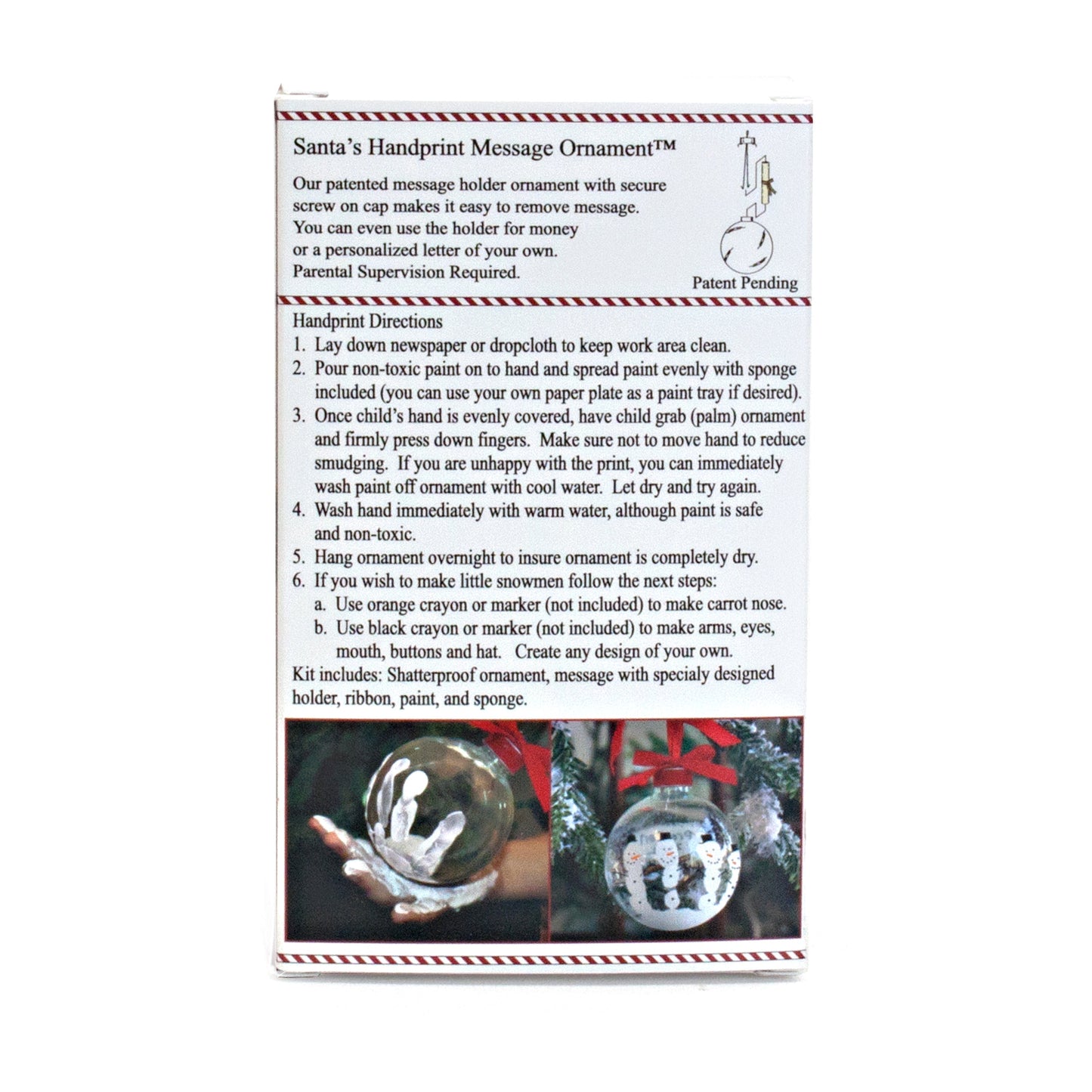 Back of product box with detailed instructions and product information for Santa's Handprint Message Ornament