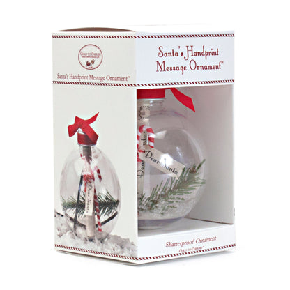 Side view of boxed Santa's Handprint Message Ornament displaying brand and product name