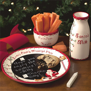 Santa's Message Plate Set displayed with carrot sticks, milk bottle, and chocolate chip cookie on chalkboard plate with handwritten note