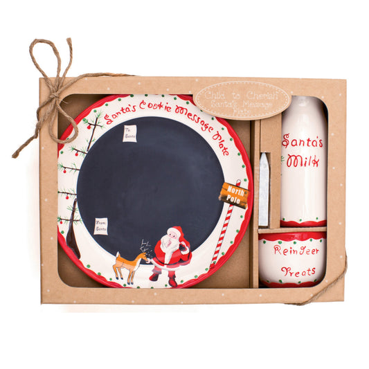 Santa's Message Plate Set boxed with decorative chalkboard plate, milk bottle, reindeer treats bowl, and chalk