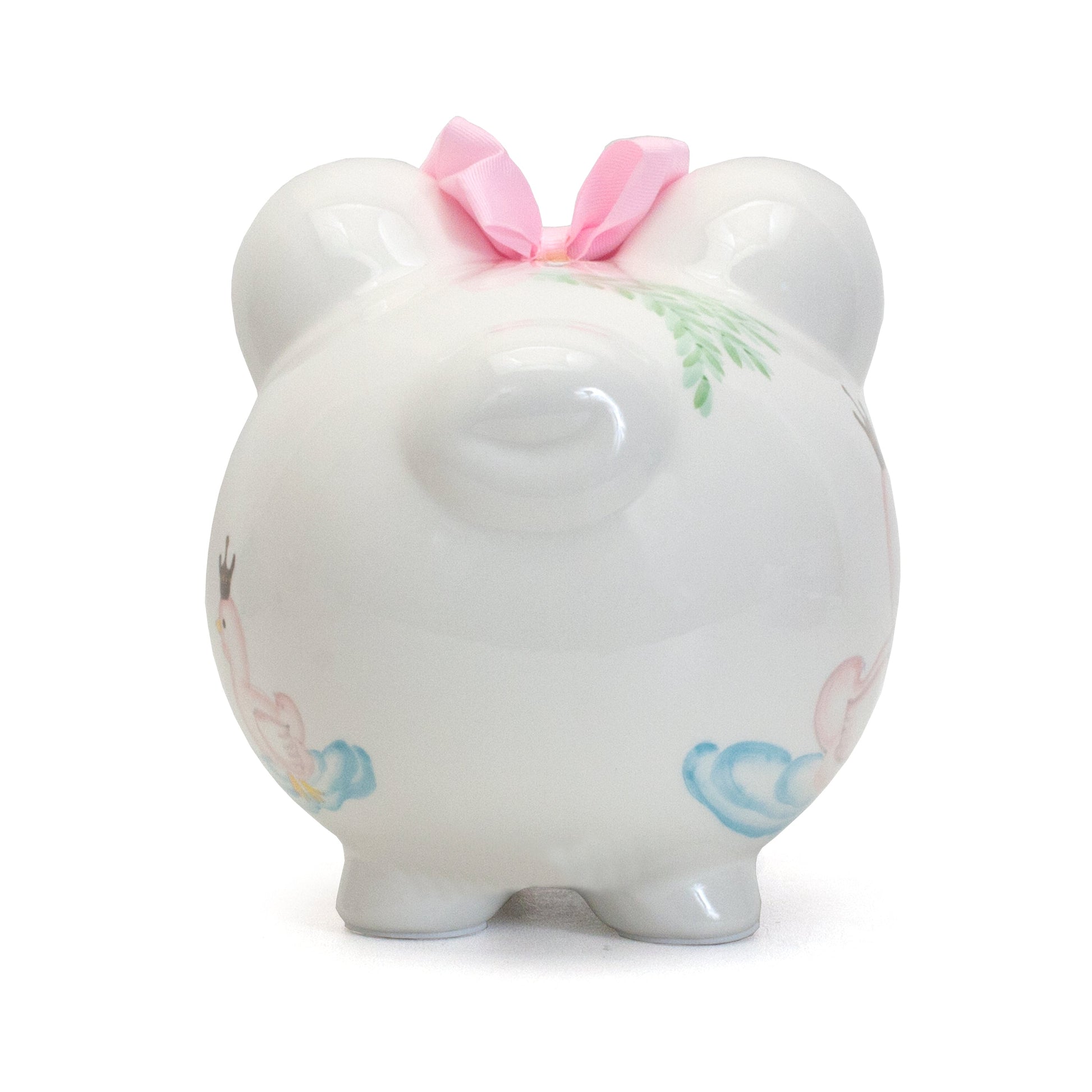 Top view showing coin slot and pink ribbon bow on white ceramic piggy bank