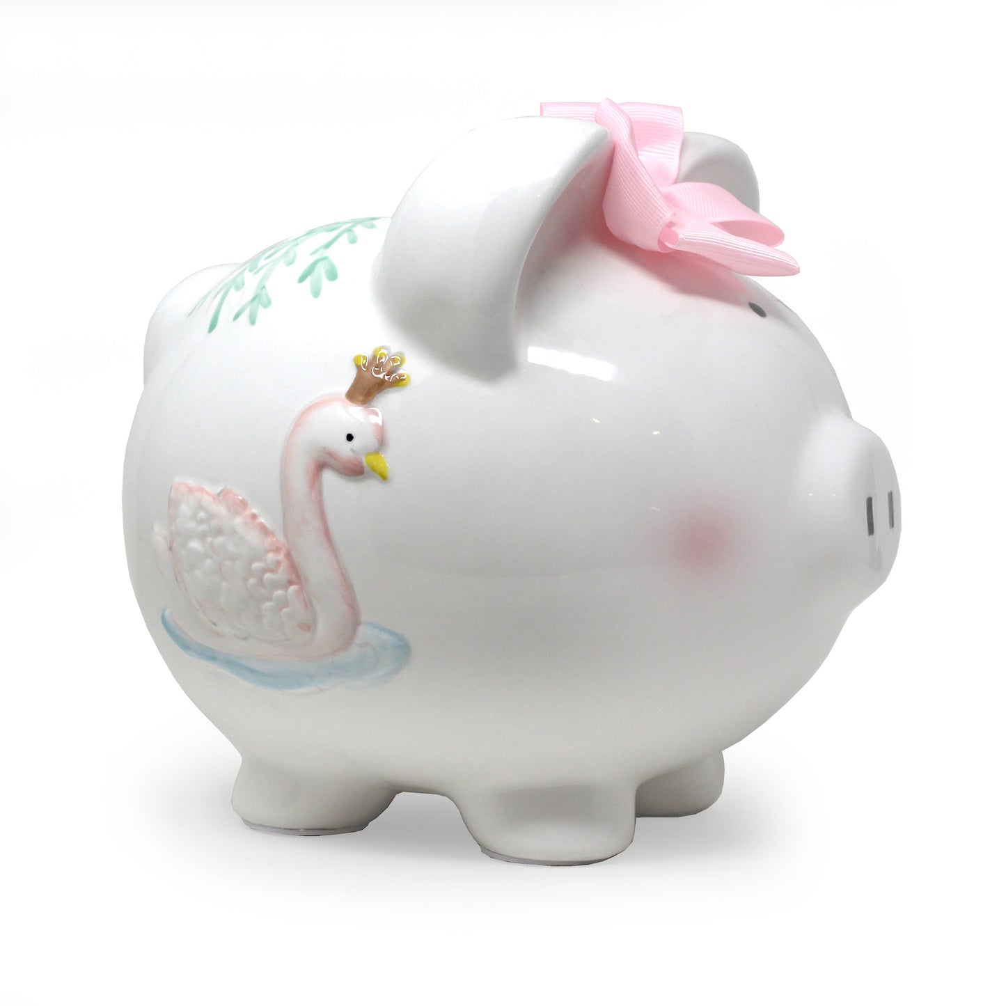 White ceramic piggy bank with handpainted swan and pink bow side view
