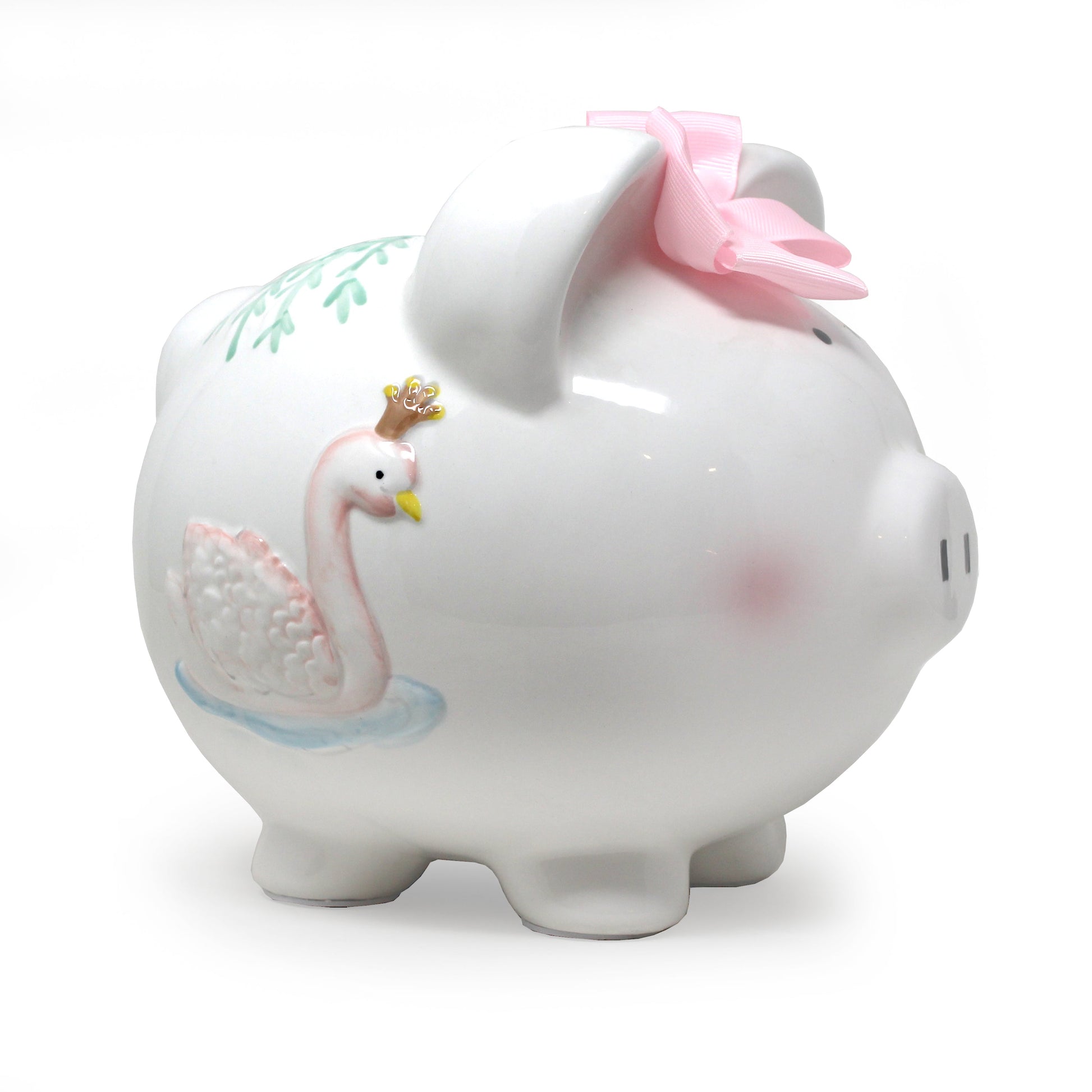 White ceramic piggy bank with handpainted swan and pink bow side view