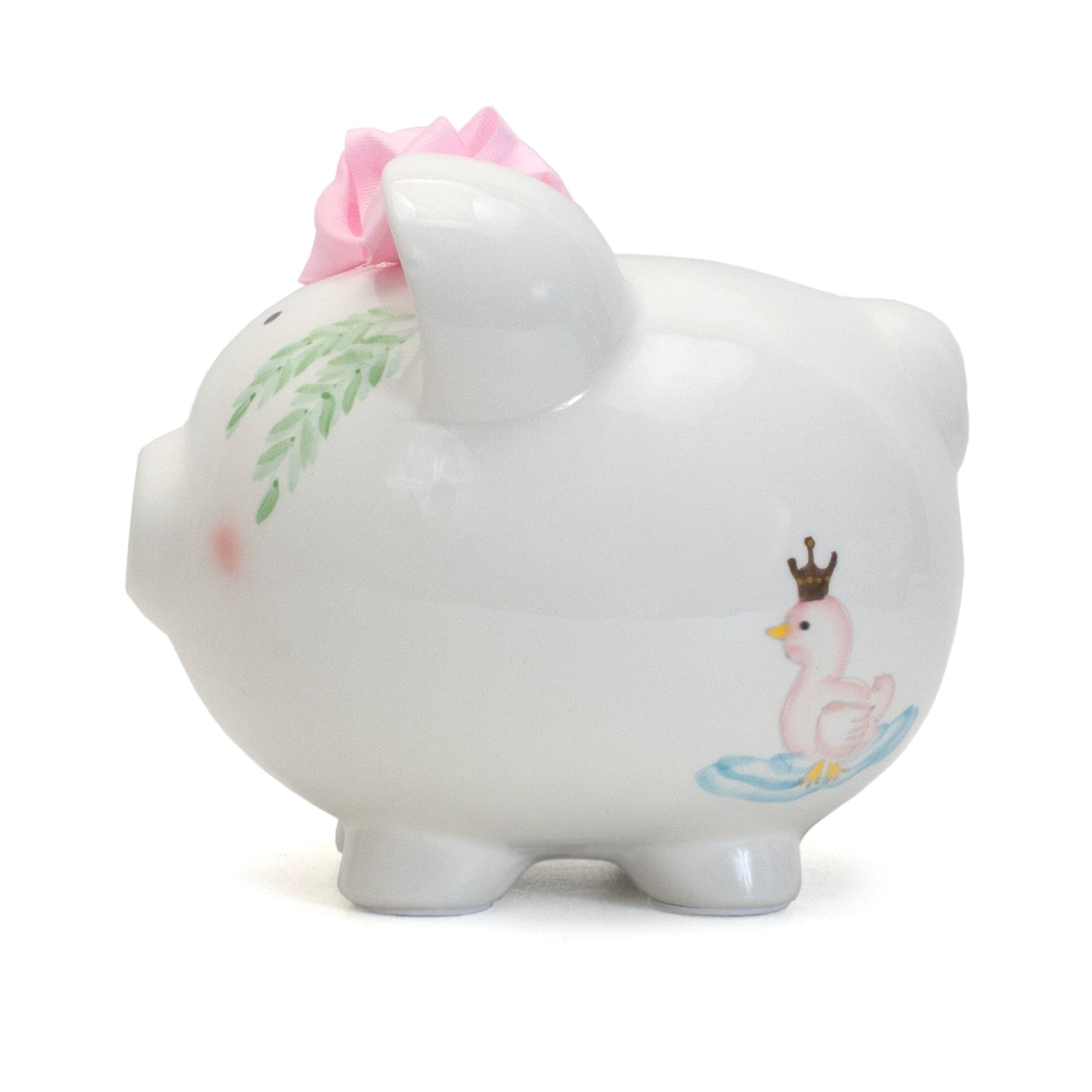 Side view of piggy bank showing handpainted swan with crown on water