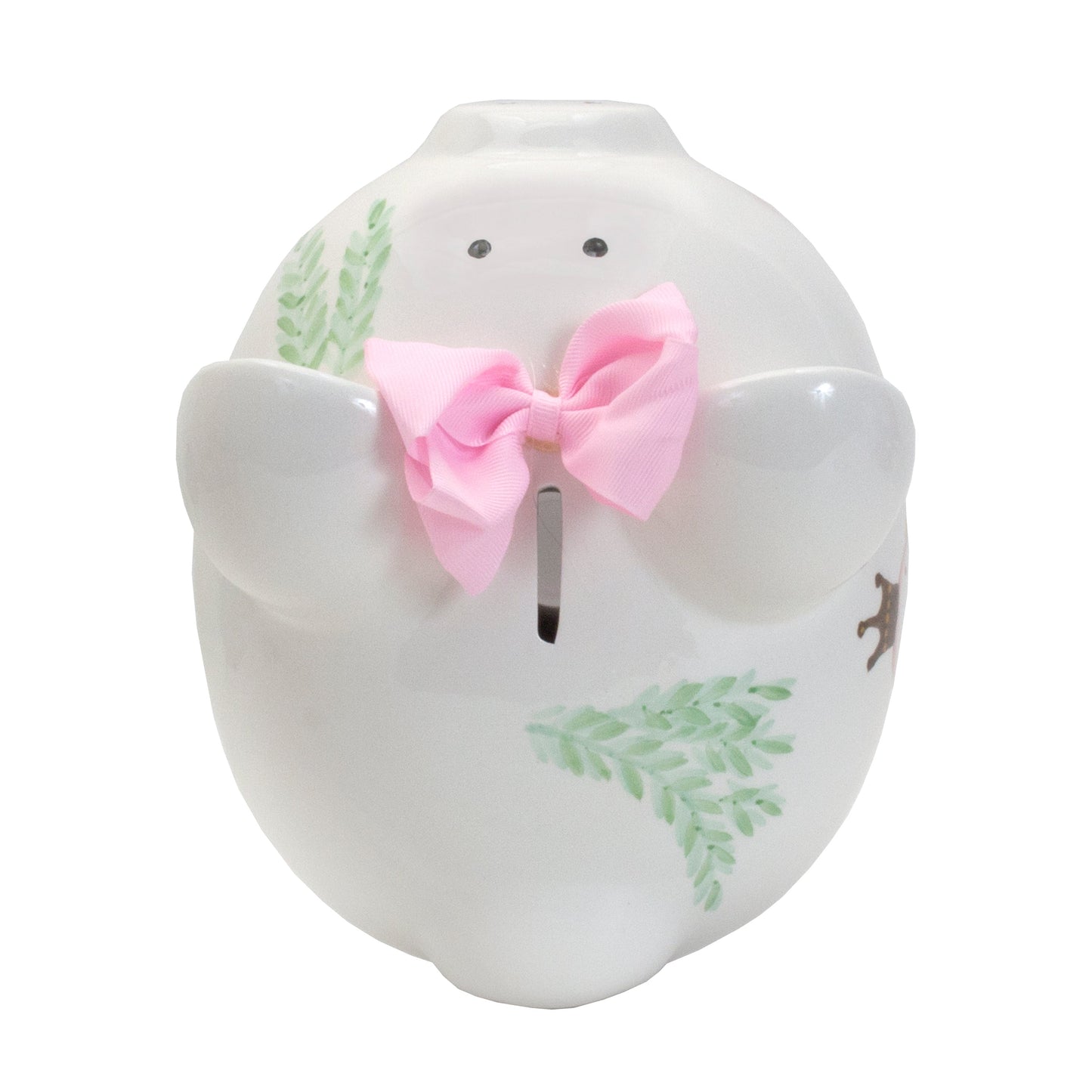 Back view of piggy bank with additional swan illustrations and greenery