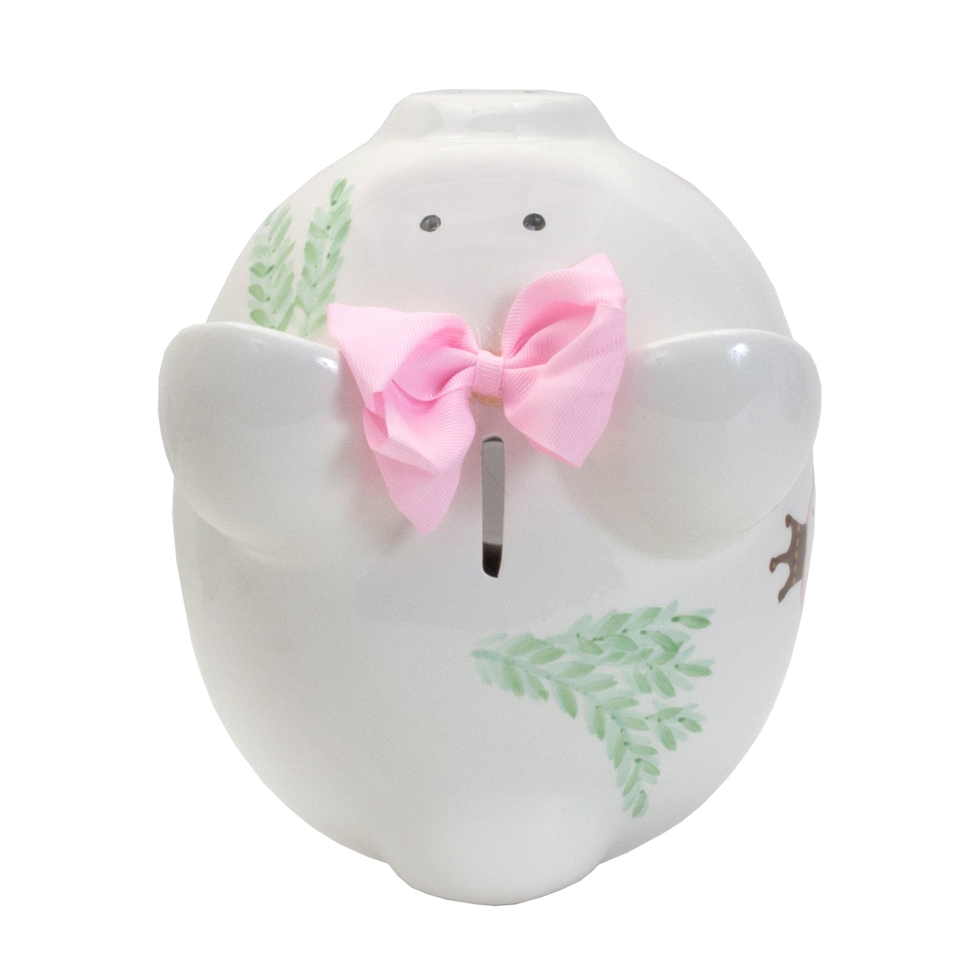 Back view of piggy bank with additional swan illustrations and greenery