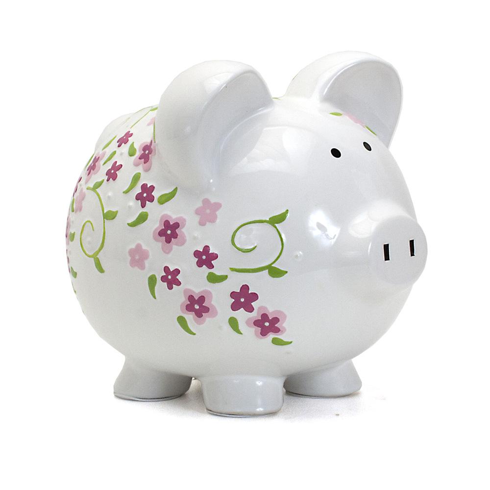 Front side view of shabby chic piggy bank with pink and purple floral patterns