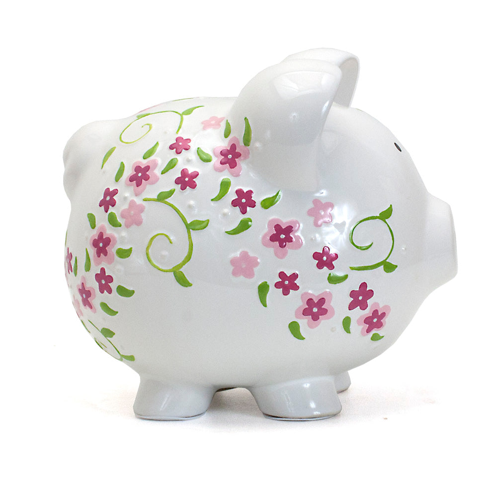 Right side view of floral handpainted shabby chic piggy bank