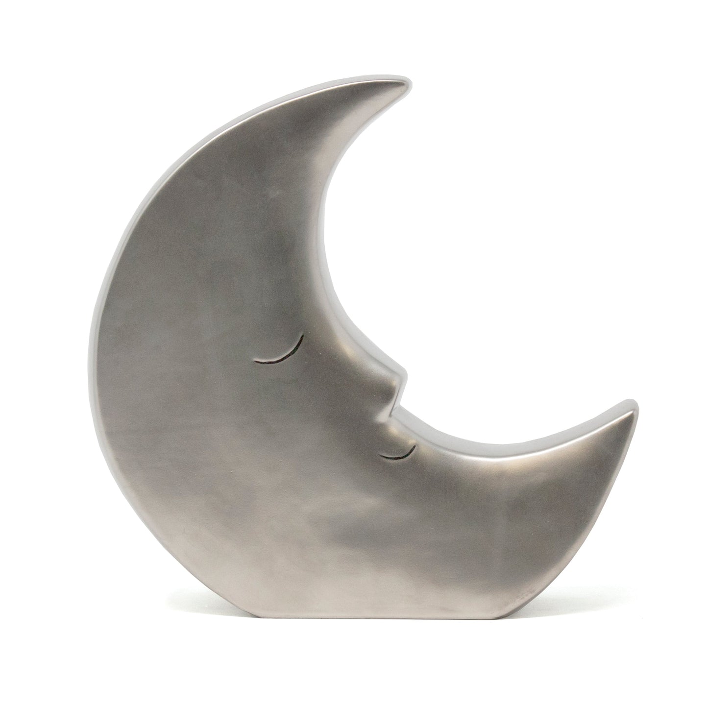Silver crescent moon piggy bank angled right side view highlighting smooth finish