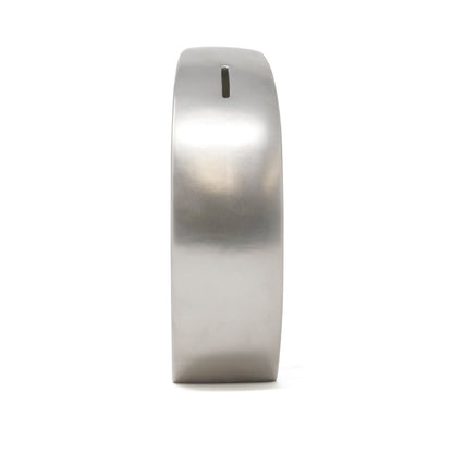 Back view of silver metallic crescent moon bank without visible openings