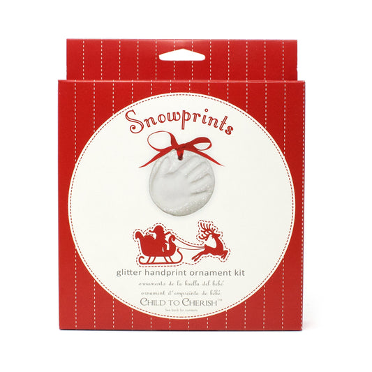 Snowprints Handprint Ornament Kit red and white packaging with handprint ornament illustration and festive design