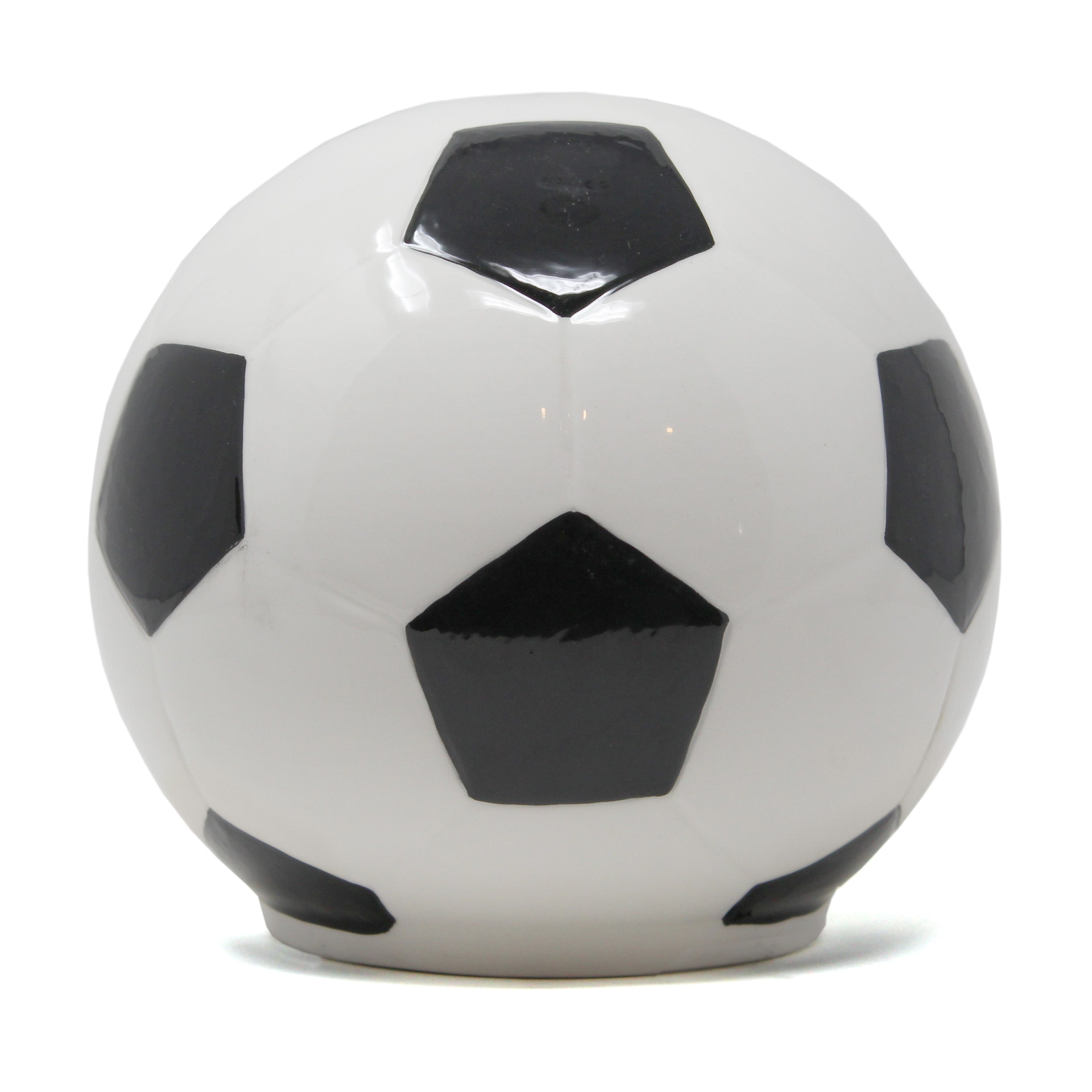 Handpainted ceramic piggy bank shaped and painted like a classic black and white soccer ball