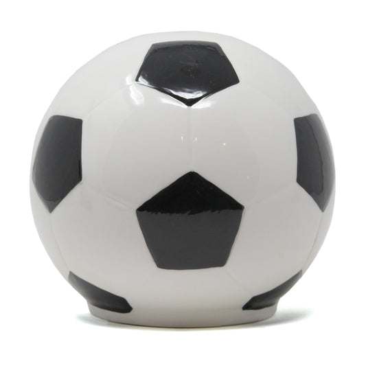 Handpainted ceramic piggy bank shaped and painted like a classic black and white soccer ball