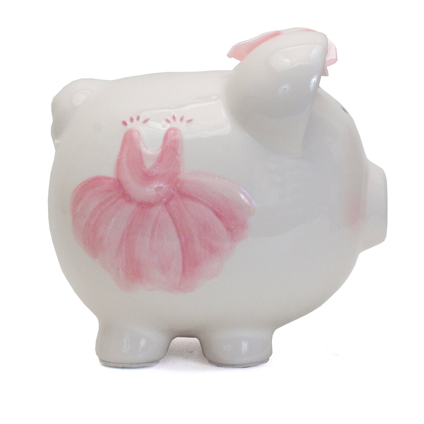 Opposite side showing pink ballet slippers motif on white ceramic piggy bank