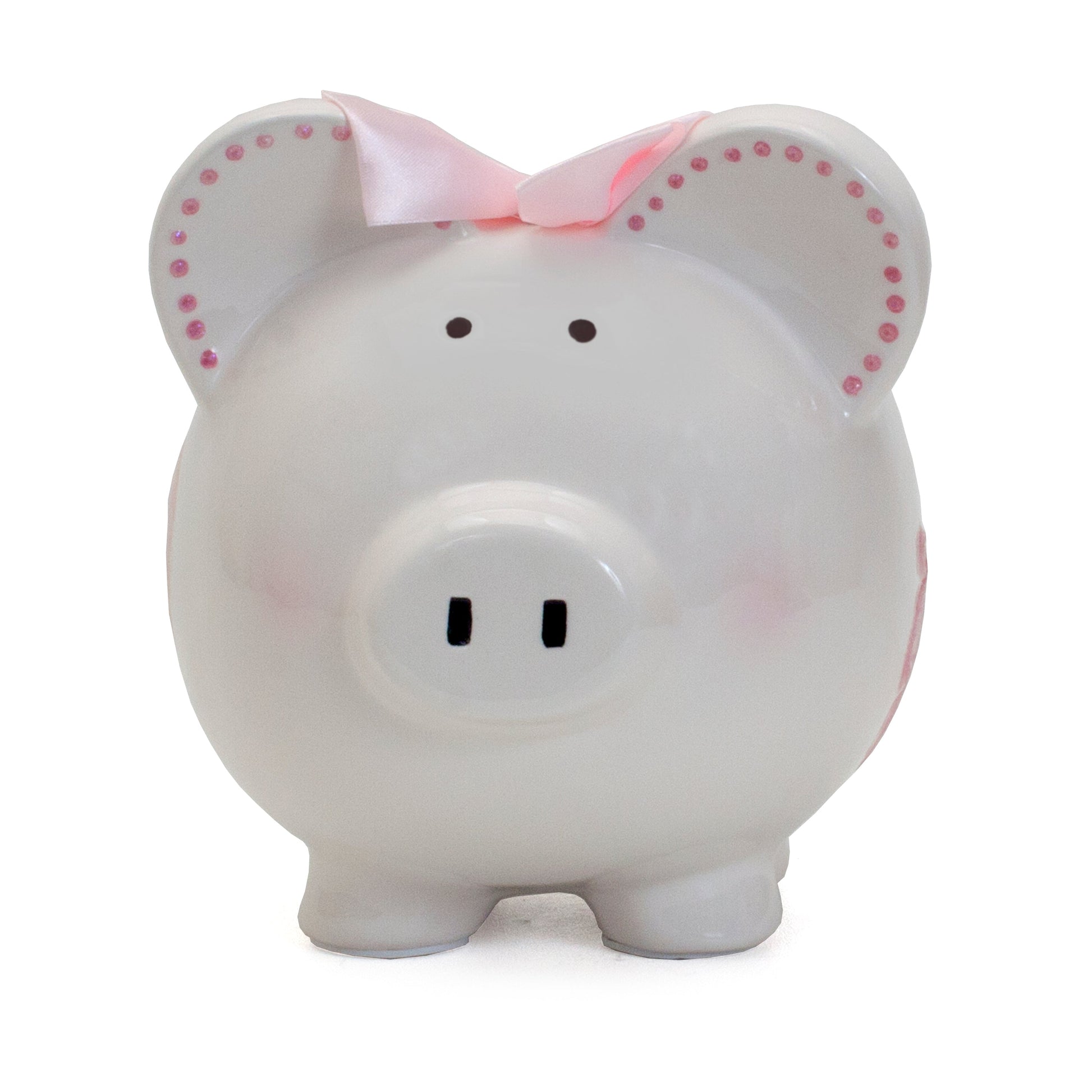 Front view of white handpainted piggy bank with small black eyes and pink dotted ear edges