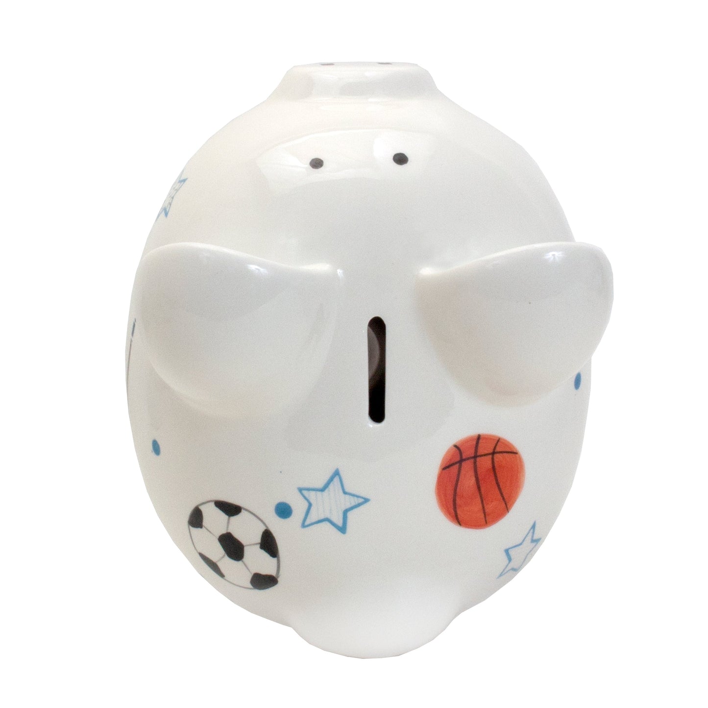 Back view of piggy bank with basketball, soccer ball, and baseball painted