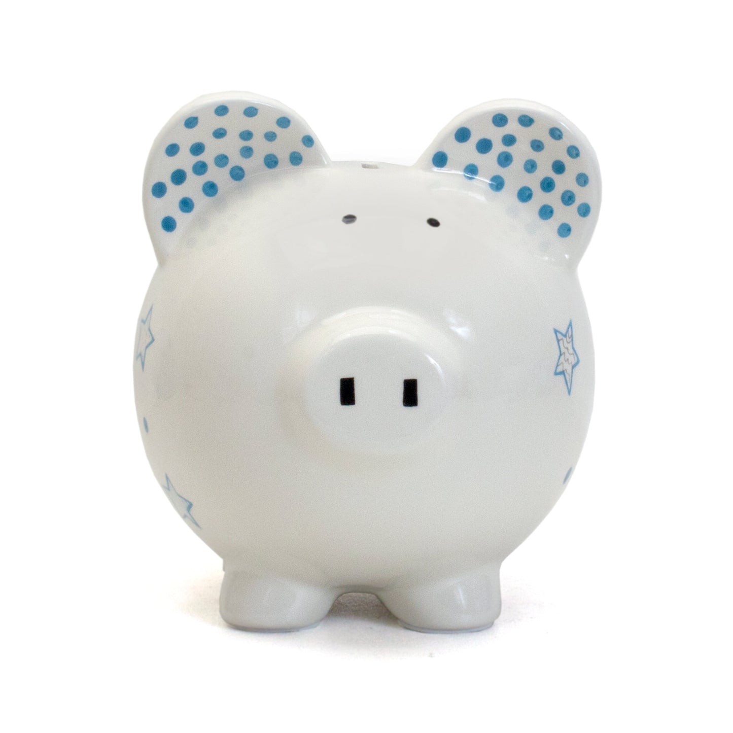 Front view of white piggy bank with blue dotted ears and star patterns