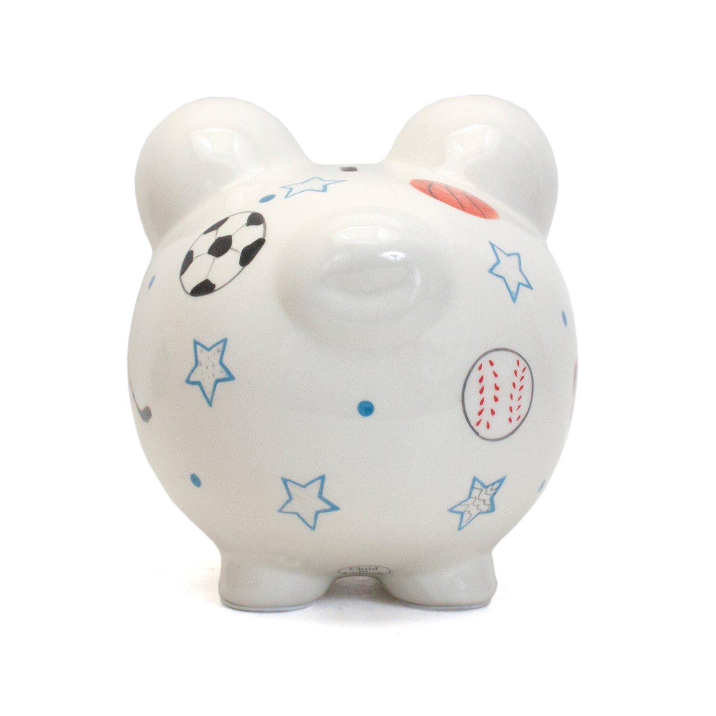 Front quarter view of piggy bank displaying multiple sports designs and blue stars