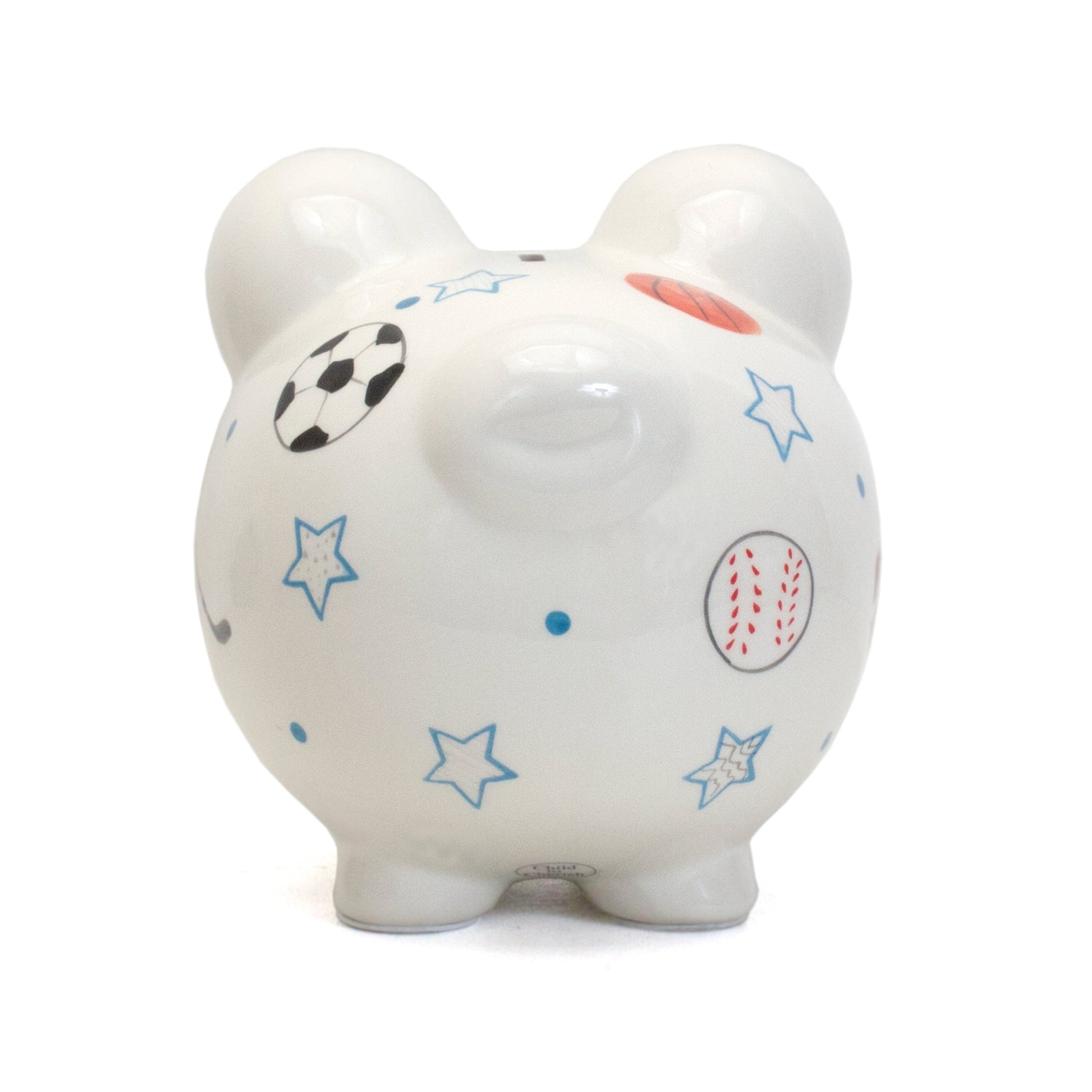 Front quarter view of piggy bank displaying multiple sports designs and blue stars