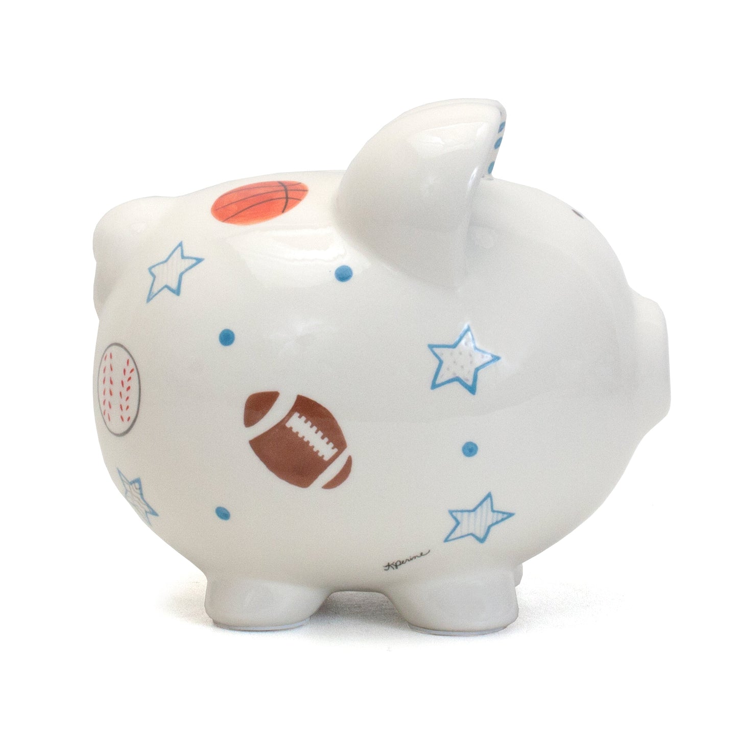 Side view of piggy bank featuring soccer ball, hockey stick, stars, and dots