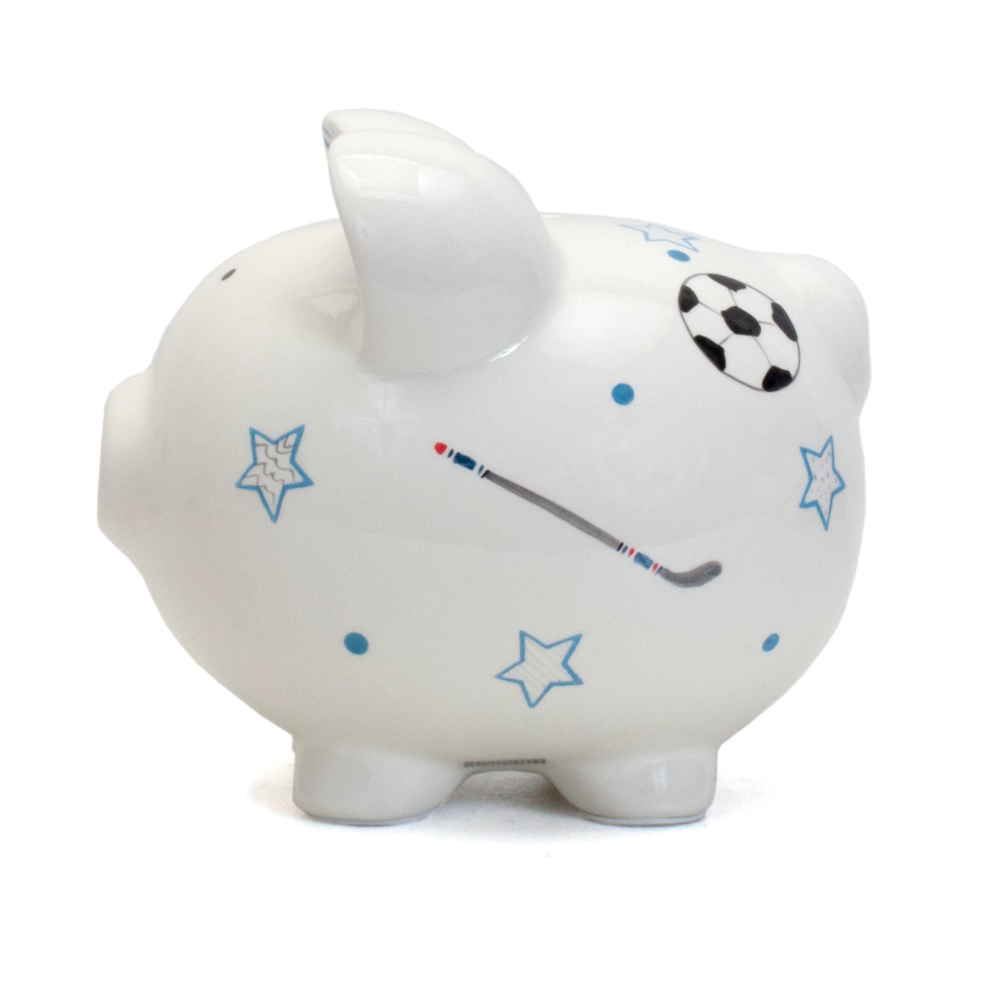 Rear view showing coin slot and sports patterns on the piggy bank